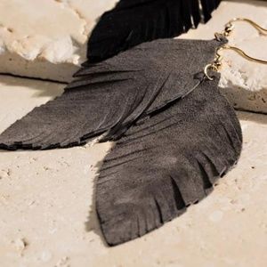 Leather Feather Earrings - Dark Brownish Gray